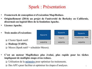 • Framework de conception et d'exécution Map/Reduce.
• Originellement (2014) un projet de l'université de Berkeley en Californie,
désormais un logiciel libre de la fondation Apache.
• Licence Apache.
• Trois modes d'exécution:
 Cluster Spark natif.
 Hadoop (YARN).
 Mesos (Spark natif + scheduler Mesos).
• C’est un moteur MapReduce plus évolué, plus rapide pour les tâches
impliquant de multiples maps et/ou reduce.
 Utilisation de la mémoire pour optimiser les traitements.
 Des API’s pour faciliter et optimiser les étapes d’analyses.
Spark : Présentation
2
 