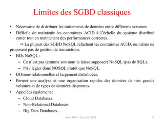 Limites des SGBD classiques
• Nécessaire de distribuer les traitements de données entre diﬀérents serveurs.
• Diﬃcile de maintenir les contraintes ACID à l’échelle du système distribué
entier tout en maintenant des performances correctes.
⇒ La plupart des SGBD NoSQL relâchent les contraintes ACID, ou même ne
proposent pas de gestion de transactions.
• BDs NoSQL :
– Ce n’est pas (comme son nom le laisse supposer) NoSQL (pas de SQL).
– Privilégier donc NOSQL plutôt que NoSQL.
• BDsnon-relationnelles et largement distribuées.
• Permet une analyse et une organisation rapides des données de très grands
volumes et de types de données disparates.
• Appelées également :
– Cloud Databases.
– Non-Relational Databases.
– Big Data Databases...
17Amal ABID – Cours GI3 ENIS
 