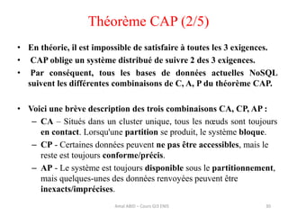 • En théorie, il est impossible de satisfaire à toutes les 3 exigences.
• CAP oblige un système distribué de suivre 2 des 3 exigences.
• Par conséquent, tous les bases de données actuelles NoSQL
suivent les différentes combinaisons de C, A, P du théorème CAP.
• Voici une brève description des trois combinaisons CA, CP, AP :
– CA – Situés dans un cluster unique, tous les nœuds sont toujours
en contact. Lorsqu'une partition se produit, le système bloque.
– CP - Certaines données peuvent ne pas être accessibles, mais le
reste est toujours conforme/précis.
– AP - Le système est toujours disponible sous le partitionnement,
mais quelques-unes des données renvoyées peuvent être
inexacts/imprécises.
30
Théorème CAP (2/5)
Amal ABID – Cours GI3 ENIS
 
