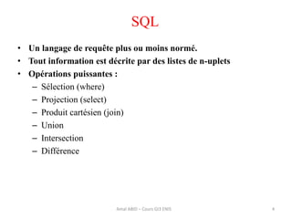 SQL
• Un langage de requête plus ou moins normé.
• Tout information est décrite par des listes de n-uplets
• Opérations puissantes :
– Sélection (where)
– Projection (select)
– Produit cartésien (join)
– Union
– Intersection
– Différence
4Amal ABID – Cours GI3 ENIS
 