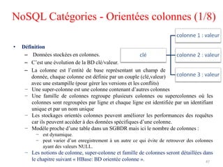• Définition
– Données stockées en colonnes.
– C’est une évolution de la BD clé/valeur.
– La colonne est l’entité de base représentant un champ de
donnée, chaque colonne est définie par un couple (clé,valeur)
avec une estampille (pour gérer les versions et les conflits)
NoSQL Catégories - Orientées colonnes (1/8)
− Une super-colonne est une colonne contenant d’autres colonnes
− Une famille de colonnes regroupe plusieurs colonnes ou supercolonnes où les
colonnes sont regroupées par ligne et chaque ligne est identifiée par un identifiant
unique et par un nom unique
− Les stockages orientés colonnes peuvent améliorer les performances des requêtes
car ils peuvent accéder à des données spécifiques d’une colonne.
− Modèle proche d’une table dans un SGBDR mais ici le nombre de colonnes :
− est dynamique.
− peut varier d’un enregistrement à un autre ce qui évite de retrouver des colonnes
ayant des valeurs NULL.
− Les notions de colonne, super-colonne et famille de colonnes seront détaillées dans
le chapitre suivant « HBase: BD orientée colonne ». 47
 
