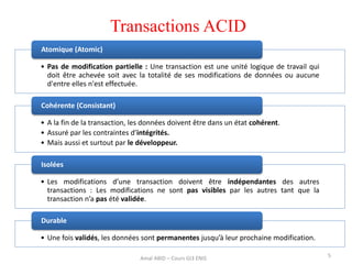 Transactions ACID
• Pas de modification partielle : Une transaction est une unité logique de travail qui
doit être achevée soit avec la totalité de ses modifications de données ou aucune
d'entre elles n'est effectuée.
Atomique (Atomic)
• A la fin de la transaction, les données doivent être dans un état cohérent.
• Assuré par les contraintes d’intégrités.
• Mais aussi et surtout par le développeur.
Cohérente (Consistant)
• Les modifications d’une transaction doivent être indépendantes des autres
transactions : Les modifications ne sont pas visibles par les autres tant que la
transaction n’a pas été validée.
Isolées
• Une fois validés, les données sont permanentes jusqu’à leur prochaine modification.
Durable
5Amal ABID – Cours GI3 ENIS
 