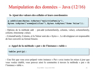 b- Ajout des valeurs des cellules et leurs coordonnées
- Options de la méthode add : put.add (columnfamily, column, value), columnfamily,
column, timestamp ,value).
- ColumnFamily, Column, et la Valeur sont des « bytes » . Le développeur est responsable
de leur convertir au format binaire.
c- Appel de la méthode « put » de l’instance « table »
- Une fois que vous avez préparé votre instance « Put » avec toutes les mises à jour que
vous voulez établit, vous pouvez ainsi le commettre à travers la méthode « put » de
l’instance « table ».
Manipulation des données – Java (12/16)
Amal ABID – Cours GI3 ENIS 31
table.put(p);
p.addColumn(Bytes.toBytes("myLittleFamily"),
Bytes.toBytes("someQualifier"),Bytes.toBytes("Some Value"));
 
