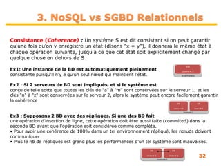 32
Consistance (Coherence) : Un système S est dit consistant si on peut garantir
qu'une fois quʼon y enregistre un état (disons "x = y"), il donnera le même état à
chaque opération suivante, jusqu'à ce que cet état soit explicitement changé par
quelque chose en dehors de S
Ex1: Une instance de la BD est automatiquement pleinement
consistante puisqu'il n'y a qu'un seul nœud qui maintient l'état.
Ex2 : Si 2 serveurs de BD sont impliqués, et si le système est
conçu de telle sorte que toutes les clés de "a" à "m" sont conservées sur le serveur 1, et les
clés "n" à "z" sont conservées sur le serveur 2, alors le système peut encore facilement garantir
la cohérence
Ex3 : Supposons 2 BD avec des répliques. Si une des BD fait
une opération dʼinsertion de ligne, cette opération doit être aussi faite (commited) dans la
seconde BD avant que l'opération soit considérée comme complète.
• Pour avoir une cohérence de 100% dans un tel environnement répliqué, les nœuds doivent
communiquer
• Plus le nb de répliques est grand plus les performances d'un tel système sont mauvaises.
3. NoSQL vs SGBD Relationnels
 
