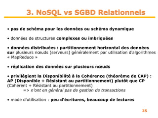 35
• pas de schéma pour les données ou schéma dynamique
• données de structures complexes ou imbriquées
• données distribuées : partitionnement horizontal des données
sur plusieurs nœuds (serveurs) généralement par utilisation dʼalgorithmes
« MapReduce »
• réplication des données sur plusieurs nœuds
• privilégient la Disponibilité à la Cohérence (théorème de CAP) :
AP (Disponible + Résistant au partitionnement) plutôt que CP
(Cohérent + Résistant au partitionnement)
=> n’ont en général pas de gestion de transactions
• mode d'utilisation : peu d'écritures, beaucoup de lectures
3. NoSQL vs SGBD Relationnels
 