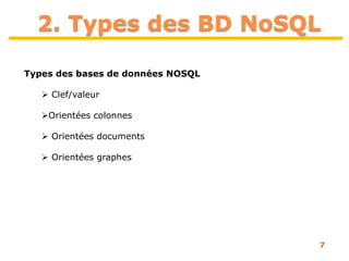 7
2. Types des BD NoSQL
Types des bases de données NOSQL
 Clef/valeur
Orientées colonnes
 Orientées documents
 Orientées graphes
 