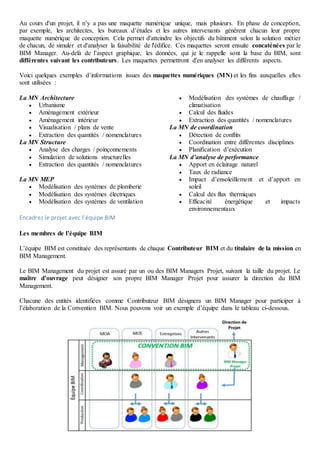 Au cours d'un projet, il n’y a pas une maquette numérique unique, mais plusieurs. En phase de conception,
par exemple, les architectes, les bureaux d’études et les autres intervenants génèrent chacun leur propre
maquette numérique de conception. Cela permet d'atteindre les objectifs du bâtiment selon la solution métier
de chacun, de simuler et d'analyser la faisabilité de l'édifice. Ces maquettes seront ensuite concaténées par le
BIM Manager. Au-delà de l’aspect graphique, les données, qui je le rappelle sont la base du BIM, sont
différentes suivant les contributeurs. Les maquettes permettront d'en analyser les différents aspects.
Voici quelques exemples d’informations issues des maquettes numériques (MN) et les fins auxquelles elles
sont utilisées :
La MN Architecture
 Urbanisme
 Aménagement extérieur
 Aménagement intérieur
 Visualisation / plans de vente
 Extraction des quantités / nomenclatures
La MN Structure
 Analyse des charges / poinçonnements
 Simulation de solutions structurelles
 Extraction des quantités / nomenclatures
La MN MEP
 Modélisation des systèmes de plomberie
 Modélisation des systèmes électriques
 Modélisation des systèmes de ventilation
 Modélisation des systèmes de chauffage /
climatisation
 Calcul des fluides
 Extraction des quantités / nomenclatures
La MN de coordination
 Détection de conflits
 Coordination entre différentes disciplines
 Planification d’exécution
La MN d’analyse de performance
 Apport en éclairage naturel
 Taux de radiance
 Impact d’ensoleillement et d’apport en
soleil
 Calcul des flux thermiques
 Efficacité énergétique et impacts
environnementaux
Encadrez le projet avec l’équipe BIM
Les membres de l’équipe BIM
L’équipe BIM est constituée des représentants de chaque Contributeur BIM et du titulaire de la mission en
BIM Management.
Le BIM Management du projet est assuré par un ou des BIM Managers Projet, suivant la taille du projet. Le
maître d’ouvrage peut désigner son propre BIM Manager Projet pour assurer la direction du BIM
Management.
Chacune des entités identifiées comme Contributeur BIM désignera un BIM Manager pour participer à
l’élaboration de la Convention BIM. Nous pouvons voir un exemple d’équipe dans le tableau ci-dessous.
 