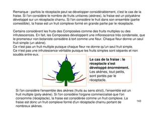 143
Remarque : parfois le réceptacle peut se développer considérablement, c'est le cas de la
fraise. Si l'on considère le nombre de fruits unitaires (akènes), la fraise est un polyakène
développé sur un réceptacle charnu. Si l'on considère le fruit dans son ensemble (partie
comestible), la fraise est un fruit complexe formé en grande partie par le réceptacle.
Certains considèrent les fruits des Composées comme des fruits multiples ou des
infrutescences. En fait, les Composées développent une inflorescence très condensée, que
le promeneur non botaniste considère à tort comme une fleur. Chaque fleur donne un seul
fruit simple (un akène).
Ce n'est pas un fruit multiple puisque chaque fleur ne donne qu'un seul fruit simple.
Ce n'est pas une infrutescence véritable puisque les fruits simples sont séparés et non
soudés entre-eux.
Le cas de la fraise : le
réceptacle s'est
développé énormément.
Les akènes, tout petits,
sont portés par le
réceptacle.
Si l'on considère l'ensemble des akènes (fruits au sens strict), l'ensemble est un
fruit multiple (poly-akène). Si l'on considère l'organe commercialisé que l'on
consomme (réceptacle), la fraise est considérée comme un fruit complexe. La
fraise est donc un fruit complexe formé d'un réceptacle charnu portant de
nombreux akènes.
 