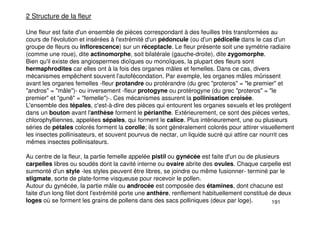 191
2 Structure de la fleur
Une fleur est faite d'un ensemble de pièces correspondant à des feuilles très transformées au
cours de l'évolution et insérées à l'extrémité d'un pédoncule (ou d'un pédicelle dans le cas d'un
groupe de fleurs ou inflorescence) sur un réceptacle. Le fleur présente soit une symétrie radiaire
(comme une roue), dite actinomorphe, soit bilatérale (gauche-droite), dite zygomorphe.
Bien qu'il existe des angiospermes dioïques ou monoïques, la plupart des fleurs sont
hermaphrodites car elles ont à la fois des organes mâles et femelles. Dans ce cas, divers
mécanismes empêchent souvent l'autofécondation. Par exemple, les organes mâles mûrissent
avant les organes femelles -fleur protandre ou protérandre (du grec "proteros" = "le premier" et
"andros" = "mâle")- ou inversement -fleur protogyne ou protérogyne (du grec "proteros" = "le
premier" et "gunê" = "femelle")-. Ces mécanismes assurent la pollinisation croisée.
L'ensemble des tépales, c'est-à-dire des pièces qui entourent les organes sexuels et les protègent
dans un bouton avant l'anthèse forment le périanthe. Extérieurement, ce sont des pièces vertes,
chlorophylliennes, appelées sépales, qui forment le calice. Plus intérieurement, une ou plusieurs
séries de pétales colorés forment la corolle; ils sont généralement colorés pour attirer visuellement
les insectes pollinisateurs, et souvent pourvus de nectar, un liquide sucré qui attire car nourrit ces
mêmes insectes pollinisateurs.
Au centre de la fleur, la partie femelle appelée pistil ou gynécée est faite d'un ou de plusieurs
carpelles libres ou soudés dont la cavité interne ou ovaire abrite des ovules. Chaque carpelle est
surmonté d'un style -les styles peuvent être libres, se joindre ou même fusionner- terminé par le
stigmate, sorte de plate-forme visqueuse pour recevoir le pollen.
Autour du gynécée, la partie mâle ou androcée est composée des étamines, dont chacune est
faite d'un long filet dont l'extrémité porte une anthère, renflement habituellement constitué de deux
loges où se forment les grains de pollens dans des sacs polliniques (deux par loge).
 