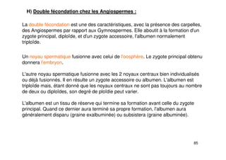 85
H) Double fécondation chez les Angiospermes :
La double fécondation est une des caractéristiques, avec la présence des carpelles,
des Angiospermes par rapport aux Gymnospermes. Elle aboutit à la formation d'un
zygote principal, diploïde, et d'un zygote accessoire, l'albumen normalement
triploïde.
Un noyau spermatique fusionne avec celui de l'oosphère. Le zygote principal obtenu
donnera l'embryon.
L'autre noyau spermatique fusionne avec les 2 noyaux centraux bien individualisés
ou déjà fusionnés. Il en résulte un zygote accessoire ou albumen. L'albumen est
triploïde mais, étant donné que les noyaux centraux ne sont pas toujours au nombre
de deux ou diploïdes, son degré de ploïdie peut varier.
L'albumen est un tissu de réserve qui termine sa formation avant celle du zygote
principal. Quand ce dernier aura terminé sa propre formation, l'albumen aura
généralement disparu (graine exalbuminée) ou subsistera (graine albuminée).
 