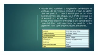 ➢ Procter and Gamble a largement développé la
stratégie de la marque produit: Il s’agit de doter
chaque produit d’une identité propre et d’un
positionnement spécifique. Ceci limite le risque de
répercussions de l’échec d’un produit sur les
autres, mais expose l’entreprise à un cannibalisme
potentiel si les positionnements des produits ou les
segments visés sont proches les uns des autres.
 