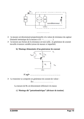 ……………….
 la mesure est directement proportionnelle à la valeur de résistance du capteur
(linéarité intrinsèque de la mesure si Zi →…………. )
 la tension aux bornes de la résistance est non nulle , le générateur de courant
travaille à tension variable (erreur de mesure si imparfait)
b) Montage élémentaire d'un générateur de courant

V ref= ………………………………………
 Le transistor se comporte en générateur de courant de valeur :

im=………………………………….
La mesure de Rc est directement référencé à la masse
c) Montage dit "potentiométrique" (diviseur de tension)

A-ZAHIDI

Page 15

 