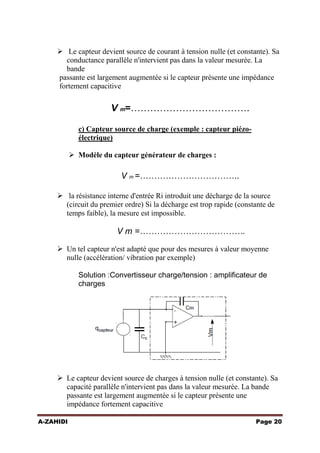  Le capteur devient source de courant à tension nulle (et constante). Sa
conductance parallèle n'intervient pas dans la valeur mesurée. La
bande
passante est largement augmentée si le capteur présente une impédance
fortement capacitive

V m=……………………………….
c) Capteur source de charge (exemple : capteur piézoélectrique)
 Modèle du capteur générateur de charges :

V m =……………………………..
 la résistance interne d'entrée Ri introduit une décharge de la source
(circuit du premier ordre) Si la décharge est trop rapide (constante de
temps faible), la mesure est impossible.

V m =……………………………….
 Un tel capteur n'est adapté que pour des mesures à valeur moyenne
nulle (accélération/ vibration par exemple)
Solution :Convertisseur charge/tension : amplificateur de
charges

 Le capteur devient source de charges à tension nulle (et constante). Sa
capacité parallèle n'intervient pas dans la valeur mesurée. La bande
passante est largement augmentée si le capteur présente une
impédance fortement capacitive
A-ZAHIDI

Page 20

 