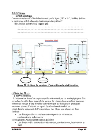 2-9-2)Filtrage
a)Problématique
Comment atténuer l’effet de bruit causé par la ligne (230 V AC, 50 Hz). Reliant
le capteur de soleil à la carte électronique du système ?
b) Solution constructive (figure 21)
……………………………………………………………………………
……………………………………………………………………………
……………………………………………………………………………

figure 21 :Schéma du montage d’acquisition du soleil du store ,

c)Etude des filtres
c-1) Présentation
L’information issu d’un capteur quelle soit numérique ou analogique peut être
perturbée, bruitée. Pour exemple la mesure de vitesse d’une machine à courant
continu au moyen d’une dynamo tachymétrique. Le filtrage des grandeurs
mesurées permet d’obtenir un signal épuré mais on introduit un
retard dans le traitement de l’information. Les filtres sont classés en deux
familles :
Les filtres passifs : exclusivement composés de résistances,
condensateurs, inductances.
Inconvénient : Aucune amplification possible
Les filtres actifs: composés de résistances, condensateurs, inductances et
AOP
A-ZAHIDI

Page 48

 