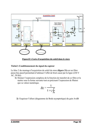 Figure22 :Carte d’acquisition du soleil dans le store
Tâche2 :Conditionnement du signal du capteur
Le bloc 2 du montage d’acquisition du soleil du store (figure 21) est un filtre
passe-bas passif permettant d’atténuer l’effet de bruit causé par la ligne (230 V
AC, 50 Hz).
1) Donner l’expression complexe de la fonction de transfert de ce filtre et la
mettre sous la forme suivante tout en précisant l’expression de f0ainsi
que sa valeur numérique.

2) Esquisser l’allure (diagramme de Bode asymptotique) du gain AvdB

A-ZAHIDI

Page 56

 