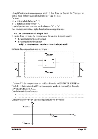 L'amplificateur est un composant actif : il faut donc lui fournir de l'énergie; on
utilise pour ce faire deux alimentations +Vcc et -Vcc.
On note :
e+ le potentiel de la borne "+".
e - le potentiel de la borne "-".
i+ et i- les courants rentrant par les bornes "+" et "-".
Ces courants seront négligés dans toutes nos applications
e – Les comparateurs à simple seuil

Il existe deux versions du comparateur de tension à simple seuil :
Le comparateur non-inverseur
Le comparateur inverseur
e-1) Le comparateur non-inverseur à simple seuil
Schéma du comparateur non-inverseur :

L’entrée VE du comparateur est reliée à l’entrée NON-INVERSEUSE de
l’A.L.I., et la tension de référence constante Vref est connectée à l’entrée
INVERSEUSE de l’A.L.I.
Conditions de basculement :
……………………………………………………………………………
……………………………………………………………………………
Caractéristique VS=f(VE) du comparateur non-inverseur :

A-ZAHIDI

Page 59

 