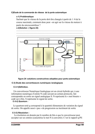 C)Etude de la commande de vitesse de la porte automatique
c-1) Problématique

Sachant que la vitesse de la porte doit être changée à partir de 1 /4 de la
course maximale, comment donc peut –on agir sur la vitesse du moteur à
partir du microcontrôleur ?
c-2)Solution ( figure 24)
…………………………………………………………………………………………………………………………………………………
………………………………………………………………………………………………………………………………………………..
………………………………………………………………………………………………………………………………………………….

figure 24 :solutions constructives adoptées pour porte automatique
C-3) Etude des convertisseurs numériques /analogiques
C-3-1)Définition.

Un convertisseur Numérique/Analogique est un circuit hybride qui, à une
information numérique d’entrée N codé suivant un certain protocole, fait
correspondre en sortie un signal analogique S. N représente le « mot binaire »
codé sur n bits. S représente le signal de sortie.
C-3-2) Quantum :

Le quantum noté q correspond à la quantité élémentaire de variation du signal
de sortie. On appelle aussi « pas » de progression ou incrément de sortie
C-3-3) Résolution :

La résolution est donnée par le nombre de bits n que le convertisseur peut
accepter sur ses entrées (caractérise le mot N à convertir). C’est le rapport q/PE
A-ZAHIDI

Page 68

 
