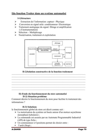 I)la fonction Traiter dans un système automatisé






I-1)Structure
Extraction de l’information: capteur - Physique
Conversion en signal utile: conditionneur- Electronique
Traitement analogique du signal: filtrage et amplification
( d’instrumentation)
Sélection – Multiplexage
Numérisation, traitement et exploitation

II-2)Solution constructive de la fonction traitement
……………………………………………………………………………………………………………………………………………………………
……………………………………………………………………………………………………………………………………………………………
……………………………………………………………………………………………………………………………………………………………
……………………………………………………………………………………………………………………………………………………………
……………………………………………………………………………………………………………………………………………………………
……………………………………………………………………………………………………………………………………………………………
…………………………………………………………………………………………………………………………………………………………..

II) Etude du fonctionnement du store automatisé
II-2) Situation problème
Comment décrire le fonctionnement du store pour faciliter le traitement des
informations ?
II-3) Solutions
le fonctionnement global du store est décrit comme suit :
 La motorisation du système est basée autour d'un moteur asynchrone
monophasé (tubulaire) ;
 La commande est assurée par un Automate Programmable Industriel
(API) de type Zelio ;
 Un commutateur à 4 positions permet de choisir entre :
 l’arrêt (Stop) ;
A-ZAHIDI

Page 79

 