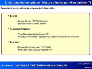 4ème
Partie : CAPTEURS ET INSTRUMENTATIONS OPTIQUES
Année 2011/2012
109/113
4. Instrumentation optique : Mesure d’indice par ellipsométrie (7)
Caractéristique des éléments optiques de l’ellipsomètre
 Source
- Lampe Xénon 125 Watt (plasma)
- Durée de vie de 1000 à 1500h
 Polariseur/Analyseur
- Type Glan taux d’extinction de 10-5
- Grande précision (10-2
degré) due à l’absence d’éléments tournants
 Détecteur
- Photomultiplicateur pour l’UV Visible
- Photodiode InGaAs pour le proche IR
 