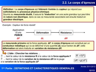1ère
Partie : DEFINITIONS ET CARACTERISTIQUES GENERALES
Année 2011/2012
12/113
2.2. Le corps d’épreuve
Définition : Le corps d'épreuve est l'élément d'entrée du capteur qui répond aux
sollicitations du processus physico-chimique.
Soumis au mesurande étudié, il assure la “traduction” en une autre grandeur qui peut être
de nature non électrique, dans ce cas ce mesurande secondaire est ensuite traduit en
grandeur électrique.
Déformation Résistance
Application
d’une
FORCE
Exemple : Capteur de force résistif
)
(F
f
R 
)
( F
g
R 


 ... liant la valeur de la résistance R à la valeur de la force appliquée F
 ... liant la valeur de la variation de la résistance ΔR de la jauge
à la variation de la force appliquée ΔF
Le mesurande primaire est la force appliquée, ΔF, le corps d’épreuve est constitué par un
conducteur métallique qui va se déformer d’une quantité ΔL sous l'action de ΔF, cette
déformation est alors traduite en variation de résistance ΔR.
ΔF ΔL ΔR
L’idée : Chercher les relations ...
 