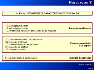 Année 2011/2012
2/113
Plan du cours (1)
1ère
Partie : DEFINITIONS ET CARACTERISTIQUES GENERALES
1.1. Le Capteur (Sensor)
1.2. Aspect économique
1.3. Importance du capteur dans la chaîne de mesures
Présentation Générale
2.1. L’entrée du capteur : Le mesurande
2.2. Le corps d’épreuve
2.3. Le conditionneur / transmetteur
2.4. La sortie du capteur
2.5. Les perturbations
Eléments constitutifs
d’un capteur
3.1. Le microphone à condensateur Exemple d’application
 