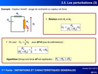 1ère
Partie : DEFINITIONS ET CARACTERISTIQUES GENERALES
Année 2011/2012
20/113
2.5. Les perturbations (3)
Exemple : Capteur résistif : Jauge de contrainte ou capteur de force
U0
Rc
R0
F
Uc
0
0 )
(
U
R
R
R
U
c
c
c


 Relation entre Uc et U0 :
0
2
1
U
Uc 
 On veut pour ΔF=0 (pas de sollicitations) :
0
0 2
1
)
(
R
R
R
R
R
c
c
c 



c
c R
R
R 

 0
Hypothèse (lorsqu’une force ΔF est appliquée) :
 