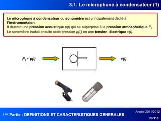 1ère
Partie : DEFINITIONS ET CARACTERISTIQUES GENERALES
Année 2011/2012
23/113
3.1. Le microphone à condensateur (1)
Le microphone à condensateur ou sonomètre est principalement dédié à
l’instrumentaion.
Il détecte une pression acoustique p(t) qui se superpose à la pression atmosphérique P0.
Le sonomètre traduit ensuite cette pression p(t) en une tension électrique v(t).
v(t)
P0 + p(t)
 