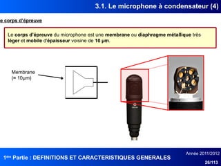 1ère
Partie : DEFINITIONS ET CARACTERISTIQUES GENERALES
Année 2011/2012
26/113
3.1. Le microphone à condensateur (4)
Le corps d’épreuve
Le corps d’épreuve du microphone est une membrane ou diaphragme métallique très
léger et mobile d'épaisseur voisine de 10 µm.
Membrane
(≈ 10μm)
 