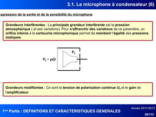 1ère
Partie : DEFINITIONS ET CARACTERISTIQUES GENERALES
Année 2011/2012
28/113
3.1. Le microphone à condensateur (6)
Expression de la sortie et de la sensibilité du microphone
Grandeurs interférentes : La principale grandeur interférente est la pression
atmosphérique ( et ses variations). Pour s'affranchir des variations de ce paramètre, un
orifice interne à la cartouche microphonique permet de maintenir l'égalité des pressions
statiques.
P0 + p(t)
P0
Grandeurs modifiantes : Ce sont la tension de polarisation continue U0 et le gain de
l'amplificateur.
 