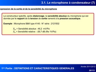 1ère
Partie : DEFINITIONS ET CARACTERISTIQUES GENERALES
Année 2011/2012
29/113
3.1. Le microphone à condensateur (7)
Expression de la sortie et de la sensibilité du microphone
Le constructeur spécifie, après étalonnage, la sensibilité absolue du microphone qui est
donnée par le rapport de la tension de sortie ramené à la pression acoustique.
Exemple : Microphone B&K type 4145 : N° série : 2121932
Sea = Sensibilité absolue : 46,2 mV/Pa
Ser = Sensibilité relative : -26,7 dB (Re 1V/Pa)
 