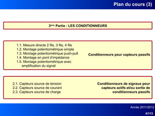 Année 2011/2012
4/113
Plan du cours (3)
3ème
Partie : LES CONDITIONNEURS
1.1. Mesure directe 2 fils, 3 fils, 4 fils
1.2. Montage potentiométrique simple
1.3. Montage potentiométrique push-pull
1.4. Montage en pont d’impédance
1.5. Montage potentiométrique avec
amplification du signal
Conditionneurs pour capteurs passifs
2.1. Capteurs source de tension
2.2. Capteurs source de courant
2.3. Capteurs source de charge
Conditionneurs de signaux pour
capteurs actifs et/ou sortie de
conditionneurs passifs
 