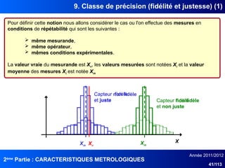 2ème
Partie : CARACTERISTIQUES METROLOGIQUES
Année 2011/2012
41/113
9. Classe de précision (fidélité et justesse) (1)
Pour définir cette notion nous allons considérer le cas ou l'on effectue des mesures en
conditions de répétabilité qui sont les suivantes :
 même mesurande,
 même opérateur,
 mêmes conditions expérimentales.
La valeur vraie du mesurande est Xv, les valeurs mesurées sont notées Xi et la valeur
moyenne des mesures Xi est notée Xm
Xm
Capteur non fidèle
et non juste
Capteur fidèle
et non juste
Xm
Capteur non fidèle
et juste
Capteur fidèle
et juste
Xv
X
 