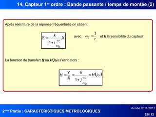 2ème
Partie : CARACTERISTIQUES METROLOGIQUES
Année 2011/2012
52/113
14. Capteur 1er
ordre : Bande passante / temps de montée (2)
Après réécriture de la réponse fréquentielle on obtient :
La fonction de transfert H ou H(jω) s’écrit alors :
X
i
k
Y
c




1
avec


1

c et k la sensibilité du capteur
 



j
H
j
k
X
Y
H
c




1
 