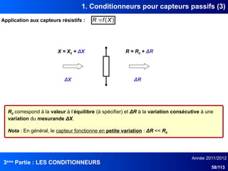 3ème
Partie : LES CONDITIONNEURS
Année 2011/2012
58/113
1. Conditionneurs pour capteurs passifs (3)
Application aux capteurs résistifs : )
(X
f
R 
X = X0 + ΔX R = R0 + ΔR
ΔX ΔR
R0 correspond à la valeur à l’équilibre (à spécifier) et ΔR à la variation consécutive à une
variation du mesurande ΔX.
Nota : En général, le capteur fonctionne en petite variation : ΔR << R0
 