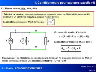 3ème
Partie : LES CONDITIONNEURS
Année 2011/2012
59/113
1. Conditionneurs pour capteurs passifs (4)
1.1. Mesure directe 2 fils, 3 fils, 4 fils
Principe de mesure : une source de courant impose la valeur de l’intensité I traversant le
capteur et un voltmètre mesure la tension V à ses bornes.
La résistance du capteur R est donnée par :
I
V
R 
I
R
I
Rf
Rf
I
R
f
R
I
f
R
R
f
R
V )
2
(
)
( 




R
f
R
I
V
m
R 

 2
On mesure la tension V suivante :
La résistance “mesuréeˮ Rm est donc :
Inconvénient : La résistance des conducteurs de liaison Rf s’ajoute à la mesure de R et en
réalité ce montage mesure une résistance effective : Re = R + 2 Rf
V
 