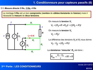 3ème
Partie : LES CONDITIONNEURS
Année 2011/2012
61/113
1. Conditionneurs pour capteurs passifs (6)
1.1. Mesure directe 2 fils, 3 fils, 4 fils
Le montage 3 fils est un bon compromis (nombre de câbles/résistante de liaision) mais il
nécessite la mesure de deux tensions.
On mesure la tension V1
La résistance “mesuréeˮ Rm est donc :
I
R
V1
I
I
V2
Rf
Rf
Rf
Iv = 0 A
Rf
I
R
f
R
I
f
R
R
f
R
V )
2
(
)
(
1 




On mesure la tension V2
I
f
R
V 
2
La différence des tensions V2 et V1 nous donne
I
R
f
R
V
V )
(
2
1 


R
Rf
I
V
V
m
R 


 2
1
 