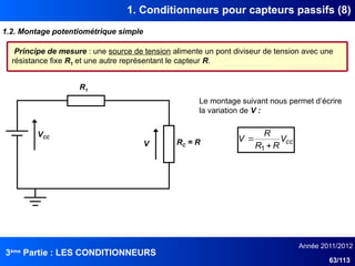 3ème
Partie : LES CONDITIONNEURS
Année 2011/2012
63/113
1. Conditionneurs pour capteurs passifs (8)
1.2. Montage potentiométrique simple
VCC
R1
RC = R
V
Principe de mesure : une source de tension alimente un pont diviseur de tension avec une
résistance fixe R1 et une autre représentant le capteur R.
cc
V
R
R
R
V


1
Le montage suivant nous permet d’écrire
la variation de V :
 