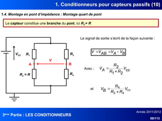 3ème
Partie : LES CONDITIONNEURS
Année 2011/2012
68/113
1. Conditionneurs pour capteurs passifs (10)
1.4. Montage en pont d’impédance : Montage quart de pont
Le capteur constitue une branche du pont, ici R2 = R
VCC
A B
V
R1
R2 = R
R3
R4
Le signal de sortie s’écrit de la façon suivante :
cc
V
R
R
R
A
V
2
1
2


cc
V
R
R
R
B
V
4
3
4


B
V
A
V
AB
V
V 


Avec :
et
 