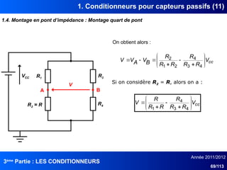 3ème
Partie : LES CONDITIONNEURS
Année 2011/2012
69/113
1. Conditionneurs pour capteurs passifs (11)
1.4. Montage en pont d’impédance : Montage quart de pont
VCC
A B
V
R1
R2 = R
R3
R4
cc
V
R
R
R
R
R
R
B
V
A
V
V 













4
3
4
2
1
2
On obtient alors :
Si on considère R2 = R, alors on a :
cc
V
R
R
R
R
R
R
V 











4
3
4
1
 