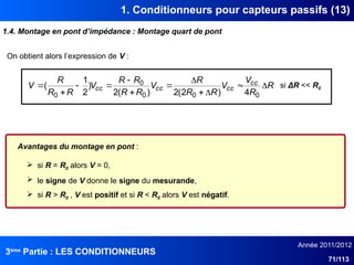 3ème
Partie : LES CONDITIONNEURS
Année 2011/2012
71/113
1. Conditionneurs pour capteurs passifs (13)
1.4. Montage en pont d’impédance : Montage quart de pont
R
R
V
V
R
R
R
V
R
R
R
R
V
R
R
R
V cc
cc
cc
cc 











0
0
0
0
0 4
)
2
(
2
)
(
2
)
2
1
(
On obtient alors l’expression de V :
si ΔR << R0
Avantages du montage en pont :
 si R = R0 alors V = 0,
 le signe de V donne le signe du mesurande,
 si R > R0 , V est positif et si R < R0 alors V est négatif.
 