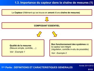 1ère
Partie : DEFINITIONS ET CARACTERISTIQUES GENERALES
Année 2011/2012
8/113
1.3. Importance du capteur dans la chaîne de mesures (1)
Le Capteur (l'élément qui se trouve en amont d'une chaîne de mesures)
COMPOSANT ESSENTIEL
Qualité de la mesures
(Mesure simple, contrôle, ...)
Voir : Exemple 1
Bon fonctionnement des systèmes où
le capteur est intégré
(régulation, contrôle in-situ de procédés)
Voir : Exemple 2
 