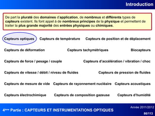 4ème
Partie : CAPTEURS ET INSTRUMENTATIONS OPTIQUES
Année 2011/2012
86/113
Introduction
De part la pluraté des domaines d’application, de nombreux et différents types de
capteurs existent. Ils font appel à de nombreux principes de la physique et permettent de
traiter la plus grande majorité des entrées physiques ou chimiques.
Capteurs optiques Capteurs de température Capteurs de position et de déplacement
Capteurs de force / pesage / couple Capteurs d’accélération / vibration / choc
Capteurs de vitesse / débit / niveau de fluides Capteurs de pression de fluides
Capteurs de mesure de vide Capteurs acoustiques
Capteurs de rayonnement nucléaire
Capteurs de déformation Capteurs tachymétriques Biocapteurs
Capteurs électrochimique Capteurs d’humidité
Capteurs de composition gazeuse
 
