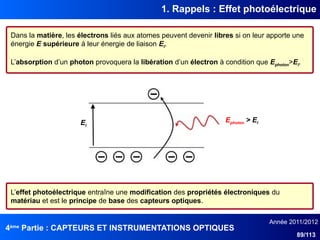 4ème
Partie : CAPTEURS ET INSTRUMENTATIONS OPTIQUES
Année 2011/2012
89/113
1. Rappels : Effet photoélectrique
Dans la matière, les électrons liés aux atomes peuvent devenir libres si on leur apporte une
énergie E supérieure à leur énergie de liaison El.
L’absorption d’un photon provoquera la libération d’un électron à condition que Ephoton>El.
El
Ephoton > El
L’effet photoélectrique entraîne une modification des propriétés électroniques du
matériau et est le principe de base des capteurs optiques.
 