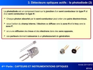 4ème
Partie : CAPTEURS ET INSTRUMENTATIONS OPTIQUES
Année 2011/2012
97/113
3. Détecteurs optiques actifs : la photodiode (3)
La photodiode est un composant basé sur la jonction d’un semi conducteur de type P et
d’un semi conducteur de type N :
 Chaque photon absorbé par le semi-conducteur peut créer une paire électron-trous,
 sous l’action du champ interne, l’électron se diffuse vers la zone N et le trou vers la
zone P,
 on a une diffusion des trous et des électrons dans des sens opposés,
 ces porteurs donnent naissance à un photocourant de génération.
 
