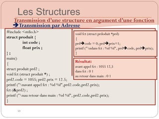 50
Transmission d’une structure en argument d’une fonction
#include <stdio.h>
struct produit {
int code ;
float prix ;
} ;
main()
{
struct produit prd2 ;
void fct (struct produit *) ;
prd2.code = 1055; prd2.prix = 12.5;
printf ("navant appel fct : %d %f",prd2.code,prd2.prix);
fct (&prd2) ;
printf ("nau retour dans main : %d %f", prd2.code,prd2.prix);
}
void fct (struct prdoduit *prd)
{
prdcode = 0; prdprix=1;
printf ("ndans fct : %d %f", prdcode, prdprix);
}
Les Structures
Transmission par Adresse
Résultat:
avant appel fct : 1055 12,5
dans fct : 0 1
au retour dans main : 0 1
 