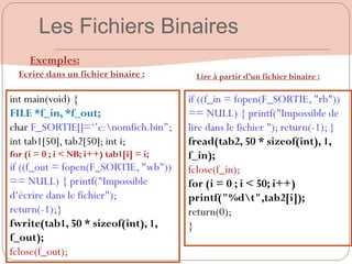 Exemples:
int main(void) {
FILE *f_in, *f_out;
char F_SORTIE[]=„‟c:nomfich.bin‟‟;
int tab1[50], tab2[50]; int i;
for (i = 0 ; i < NB; i++) tab1[i] = i;
if ((f_out = fopen(F_SORTIE, "wb"))
== NULL) { printf("Impossible
d„écrire dans le fichier");
return(-1);}
fwrite(tab1, 50 * sizeof(int), 1,
f_out);
fclose(f_out);
if ((f_in = fopen(F_SORTIE, "rb"))
== NULL) { printf("Impossible de
lire dans le fichier "); return(-1); }
fread(tab2, 50 * sizeof(int), 1,
f_in);
fclose(f_in);
for (i = 0 ; i < 50; i++)
printf("%dt",tab2[i]);
return(0);
}
Ecrire dans un fichier binaire : Lire à partir d’un fichier binaire :
Les Fichiers Binaires
 