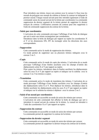 Pour introduire une trémie, tracez son contour avec le curseur 4, fixez tous les
noeuds du polygone aux noeuds du schéma et fermez le contour en indiquant le
premier noeud. Chaque noeud suivant peut être introduit également à l'aide de
commande saisie du noeud suivant de la trémie par coordonnées La commande
suppression du dernier segment de la trémie permet de supprimer le dernier
tronçon du contour. L'affectation courante du contour peut être supprimée à
l'aide de commande suppression du contour de la trémie.
- Saisie par coordonnées
L’activation de cette commande provoque l’affichage d’une boîte de dialogue
qui sert à saisir une trémie rectangulaire par coordonnées.
Introduisez dans la boîte de dialogue par rapport au repère les coordonnées X
et Y et les dimensions DX, DY du rectangle selon les directions des axes
correspondants.
- Suppression
Cette commande active le mode de suppression des trémies.
Ce mode permet de supprimer une ou plusieurs trémies indiquées avec le
curseur 2 ou 3.
- Copie
Cette commande active le mode de copie des trémies. L’activation de ce mode
provoque l’affichage d’une fenêtre auxiliaire avec les champs d’entrée des
déplacements selon X et Y par rapport au repère.
Pour copier les trémies, introduisez dans la fenêtre auxiliaire les déplacements
selon les axes X et Y par rapport au repère et indiquez sur le schéma avec le
curseur 2 ou 3 les trémies à copier.
- Translation
Cette commande active le mode de translation des trémies. L’activation de ce
mode provoque l’affichage d’une fenêtre auxiliaire avec les champs d’entrée
des déplacements selon X et Y. Pour déplacer les trémies, introduisez dans la
fenêtre auxiliaire les déplacements selon les axes X et Y par rapport au repère
et indiquez sur le schéma les trémies à déplacer avec le curseur 2 ou 3.
- Saisie d'un noeud par coordonnées
Cette commande est accessible en mode de saisie des trémies par curseur.
L’activation de cette commande fait afficher la boîte de dialogue qui sert à
introduire le noeud suivant du contour de la trémie. Le noeud est introduit à
l’aide des coordonnées X et Y par rapport au repère.
- Suppression du contour
Cette commande est accessible en mode de saisie des trémies par curseur.
La commande permet de supprimer le contour de la trémie.
- Suppression du dernier segment
Cette commande est accessible en mode de saisie des trémies par curseur.
La commande permet de supprimer le dernier tronçon du contour de la trémie.
Rassemblé et commenté par TATMBA NGAMGA Jules Richard - ENSTP 2006 - 15
 