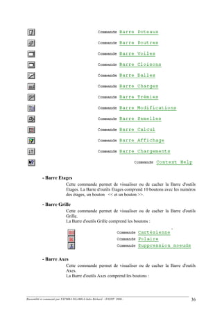 - Barre Etages
Cette commande permet de visualiser ou de cacher la Barre d'outils
Etages. La Barre d'outils Etages comprend 10 boutons avec les numéros
des étages, un bouton << et un bouton >>.
- Barre Grille
Cette commande permet de visualiser ou de cacher la Barre d'outils
Grille.
La Barre d'outils Grille comprend les boutons :
- Barre Axes
Cette commande permet de visualiser ou de cacher la Barre d'outils
Axes.
La Barre d'outils Axes comprend les boutons :
Rassemblé et commenté par TATMBA NGAMGA Jules Richard - ENSTP 2006 - 36
 