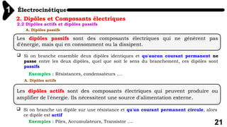 Électrocinétique
1
21
2. Dipôles et Composants électriques
Les dipôles passifs sont des composants électriques qui ne génèrent pas
d'énergie, mais qui en consomment ou la dissipent.
2.2 Dipôles actifs et dipôles passifs
A. Dipôles passifs
 Si on branche ensemble deux dipôles identiques et qu'aucun courant permanent ne
passe entre les deux dipôles, quel que soit le sens du branchement, ces dipôles sont
passifs
Exemples : Résistances, condensateurs ….
Les dipôles actifs sont des composants électriques qui peuvent produire ou
amplifier de l'énergie. Ils nécessitent une source d'alimentation externe.
A. Dipôles actifs
 Si on branche un dipôle sur une résistance et qu'un courant permanent circule, alors
ce dipôle est actif
Exemples : Piles, Accumulateurs, Transistor ….
 