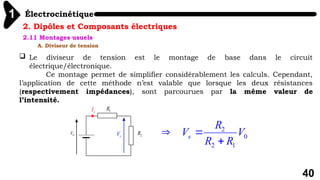 Électrocinétique
1
40
2. Dipôles et Composants électriques
2.11 Montages usuels
A. Diviseur de tension
 Le diviseur de tension est le montage de base dans le circuit
électrique/électronique.
Ce montage permet de simplifier considérablement les calculs. Cependant,
l’application de cette méthode n’est valable que lorsque les deux résistances
(respectivement impédances), sont parcourues par la même valeur de
l’intensité.
2
0
2 1
s
R
V V
R R
 

0
V
1
R
2
R
s
V
s
I
 
